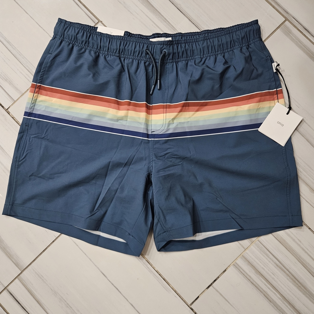 Onia Blue and Red Swim Trunks with Modern Design